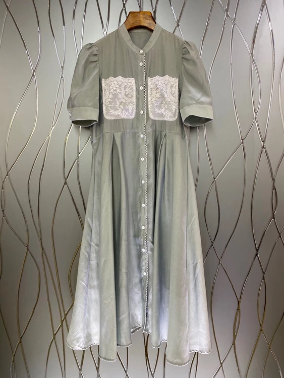 

2021 new women fashion round neck chest symmetrical color matching decorative buttoned short-sleeved long skirt dress 501