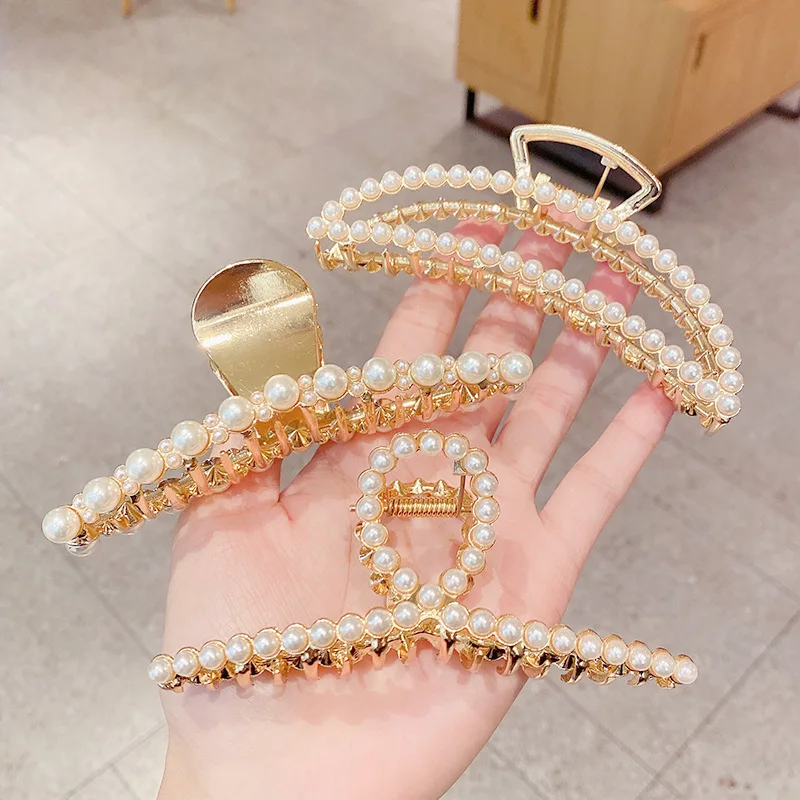 

Simulated Pearl Crystal Large Hair Claw Clip Women Jewelry Elegant Metal Gold Color Hairpins For Thick Hair Accessories New 2021