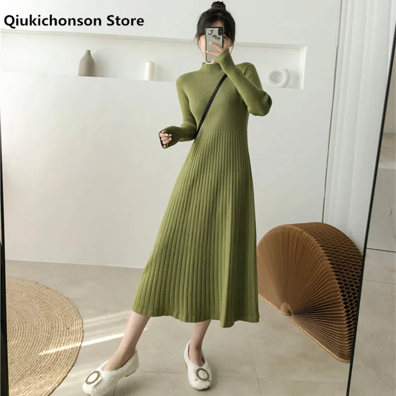 

Autumn Winter Women Long Sleeve Sweater Dress Korean Fashion Ladies Half Turtleneck A-Line Midi Long Knitted Dresses