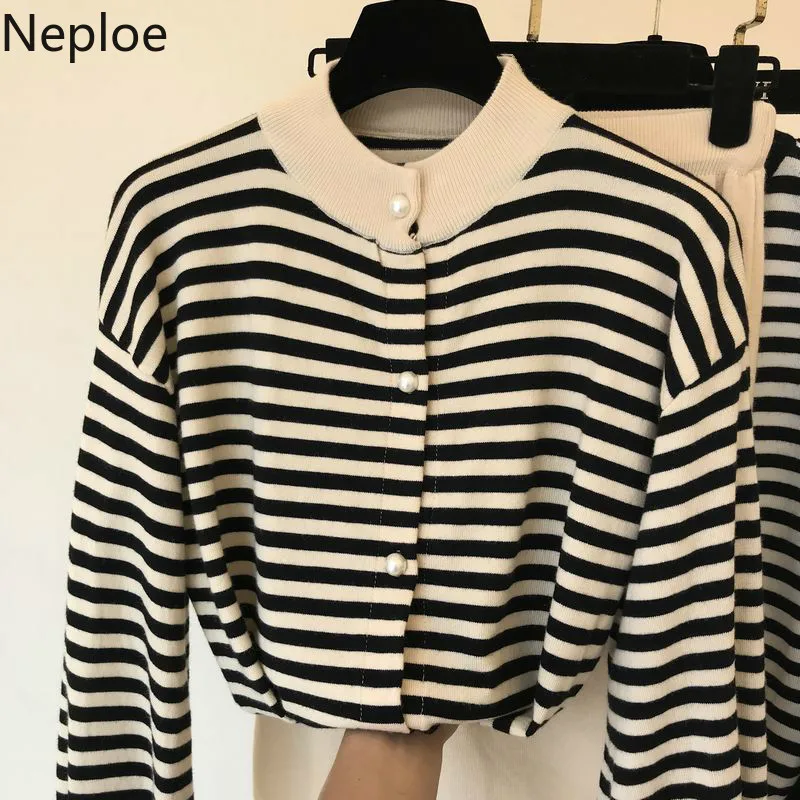Neploe, маленький аромат, Chandal Mujer, винтажный, для взрослых, полосатый, вязаный, Женский комплект, Осень-зима, короткий кардиган+ широкие штаны, 46470