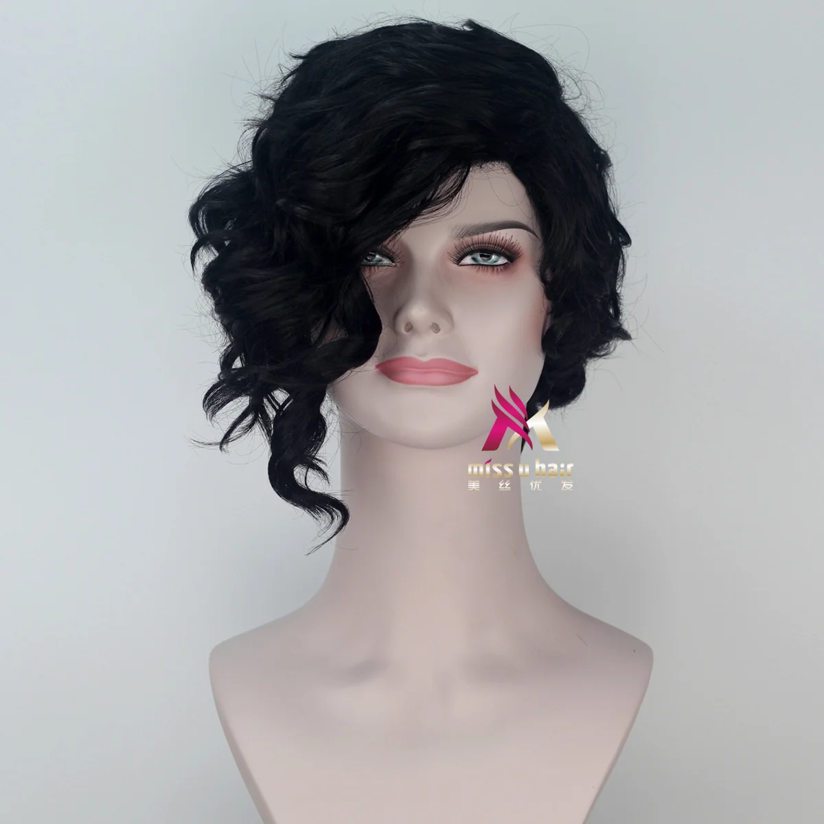 

New Hot-selling Daily Stage Performances Halloween Short Curly Hair Black Oblique Bangs Cosplay Suit