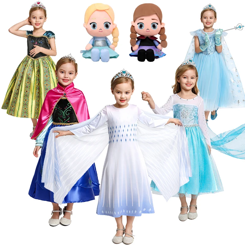 

Elsa Dresses For Girls Princess Party Anna Costume Snow Queen 2 Cosplay Elsa Vestidos Hair Accessory Set Halloween Girls