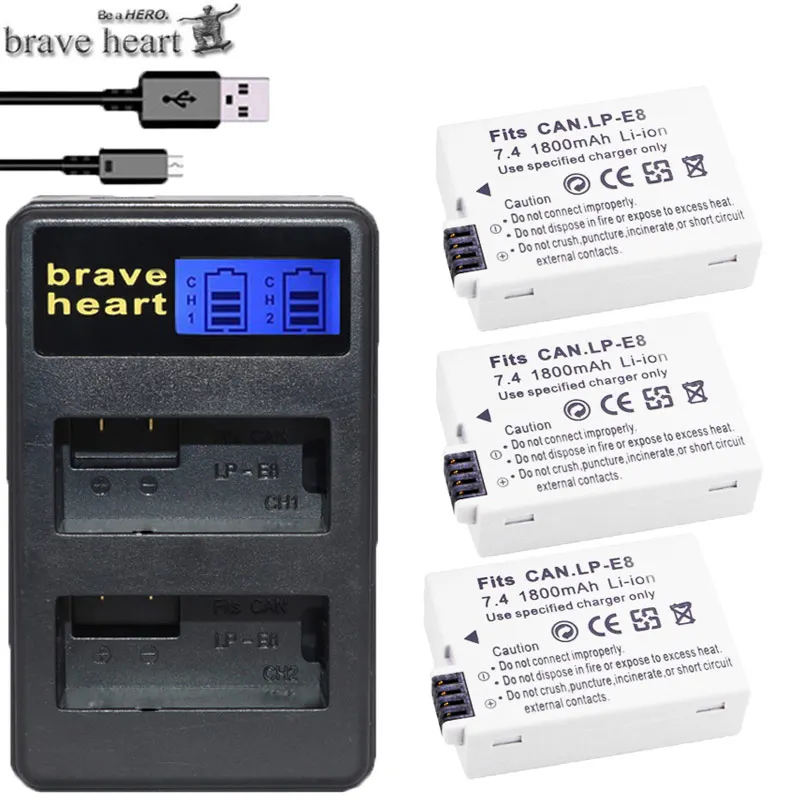 charger and 3battery brave heart LP-E8 LP E8 LPE8 батарея камеры+ светодиодный двойной зарядное устройство для Canon EOS 550D 600D 650D 700D Rebel T2i T3i T4i T5i - Цвет: charger and 3battery