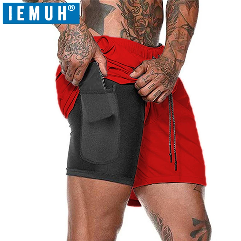 Мужские летние шорты для бега IEMUH 2 в 1 спортивные фитнеса быстросохнущие мужские