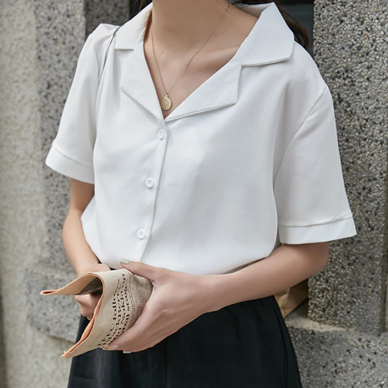 Womens Tops And Blouses V Neck Office White Shirt 2020 Short Sleeve Shirts Summer Japanese Korean Clothes Female Blusas ##H35