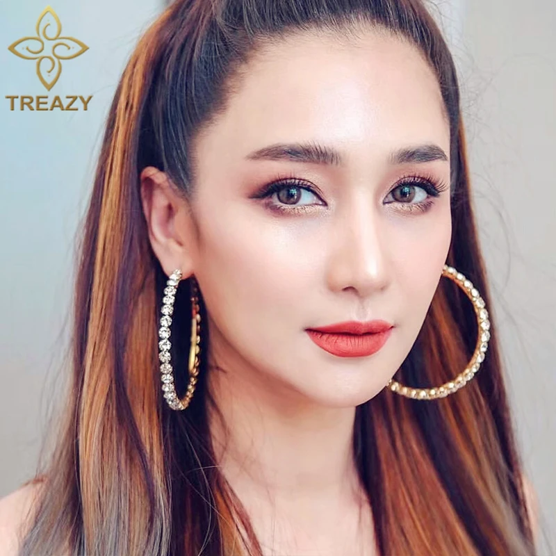 TREAZY Потрясающие Кристальные Стразы большие серьги-кольца для женщин Модная