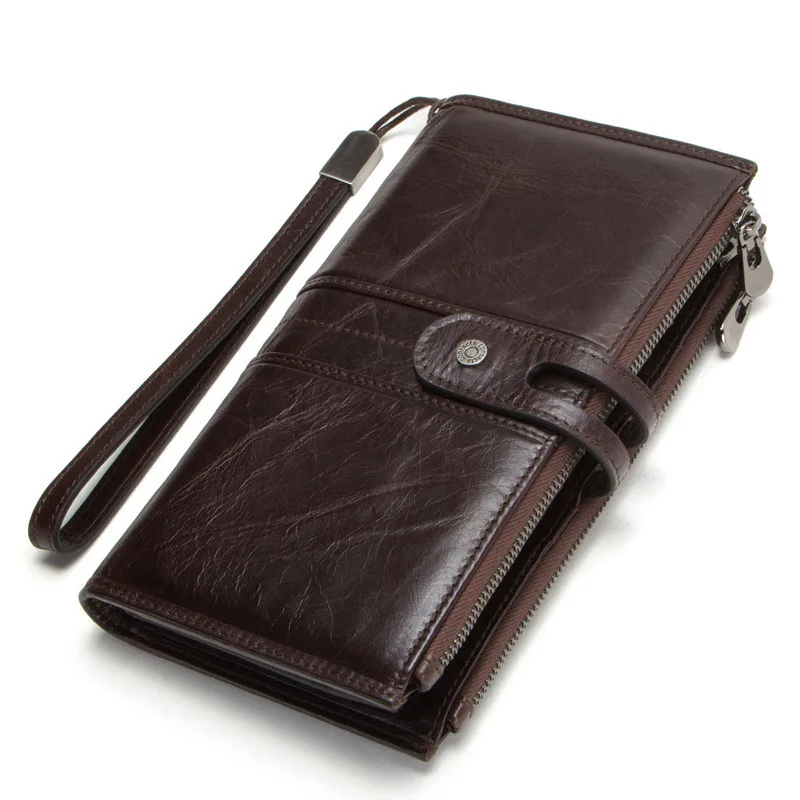 

Vintage Cowhide Clutch Bag With Wrist Strap Trifold Men's Leather Wallet Passport Cover Large-capacity Phone Bag Coin Purses