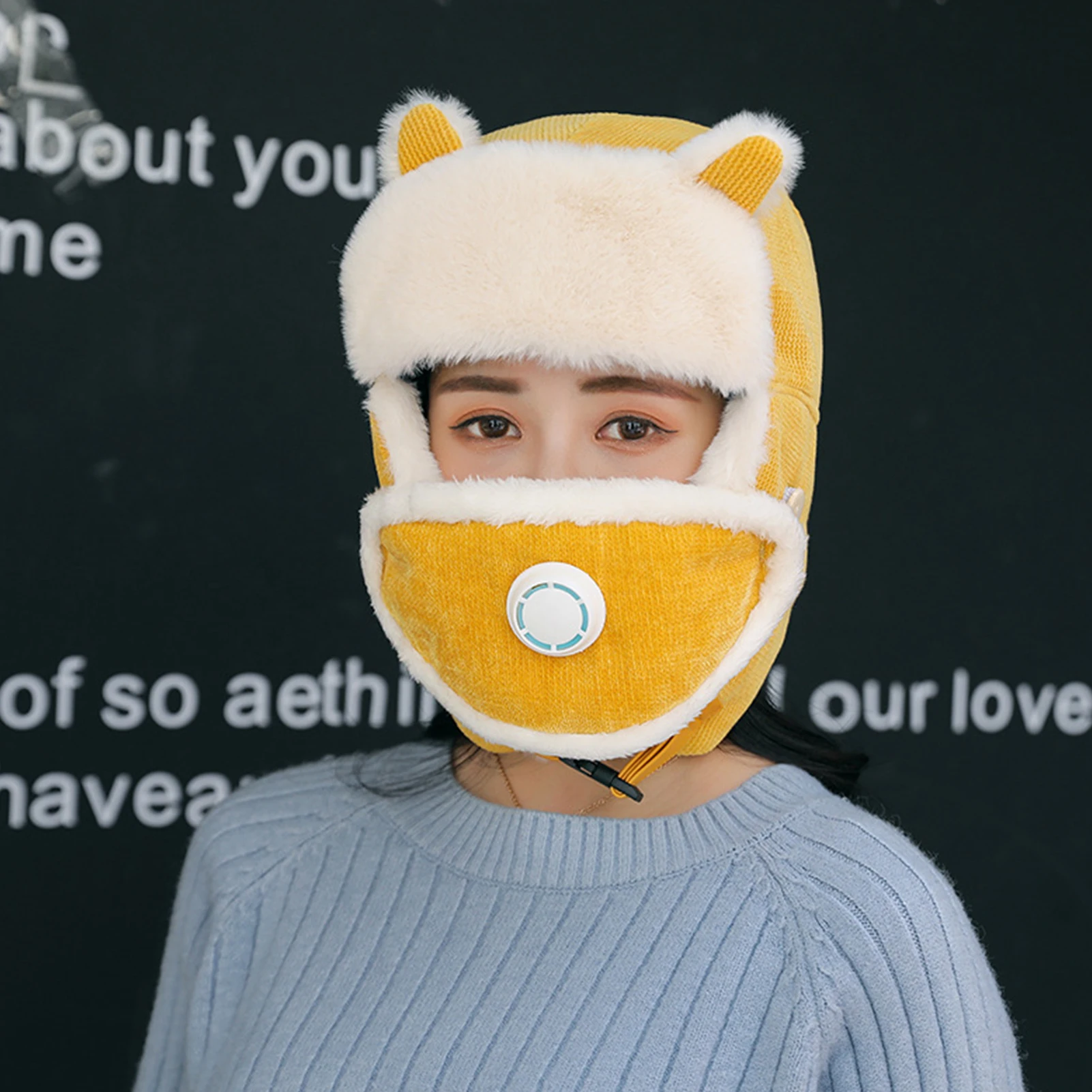 

Women men winter Cartoon Ear Thick Bomber Hats Corduroy solid Warm Face Cover Ski Windproof Earflap Hat with Breathing Valve New