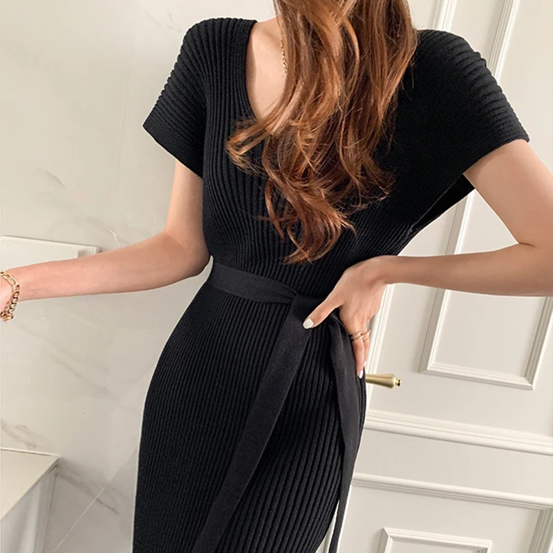 

ZAWAHIKI Korean Chic Elegant Knitted Dress Women Summer V Neck Off Shoulder Two Wear Sexy Drawstring Slim Bodycon Long Vestidos