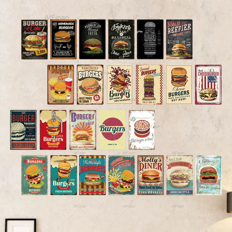 

Металлический знак в виде гамбургера, металлический винтажный жестяной знак для фаст-фуда, Настенный декор для кухни, кафе, столовой, бара, г...