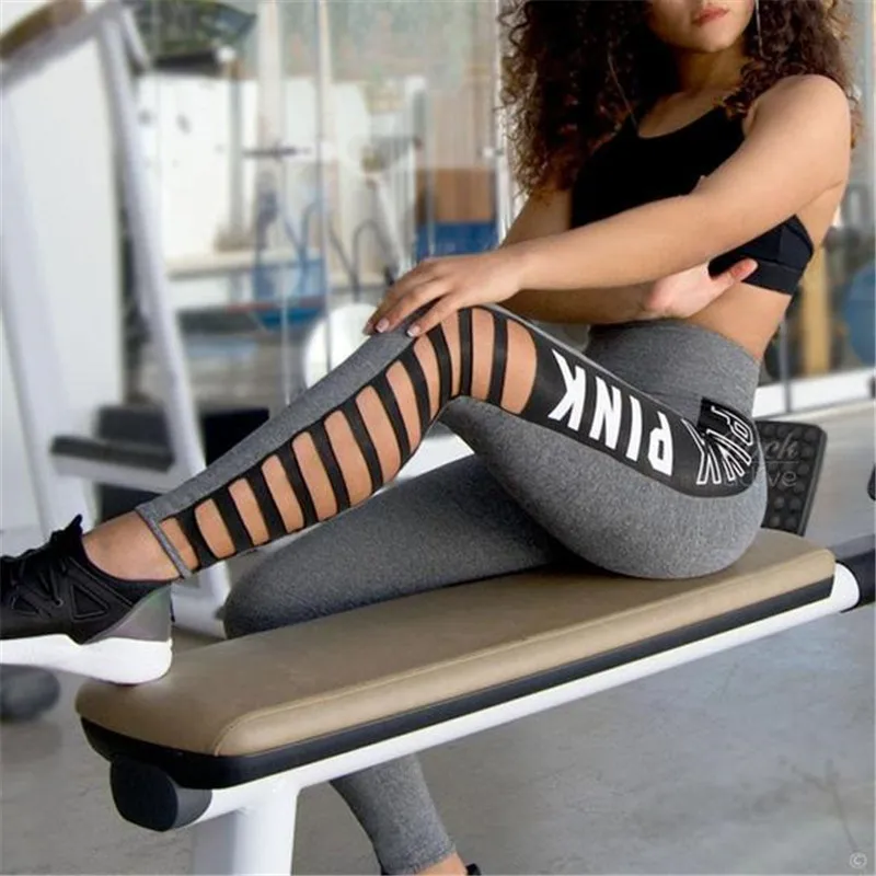 

Women leggings Pink Letter Print Hollow Out Leggings High Waist Patchwork Female Fitness Leggings Sportswear Leggings