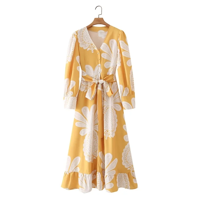 

New Women Digital Print V Neck Sashes Midi Dress Female Long Sleeve Clothes Leisure Lady Loose Vestido D8077