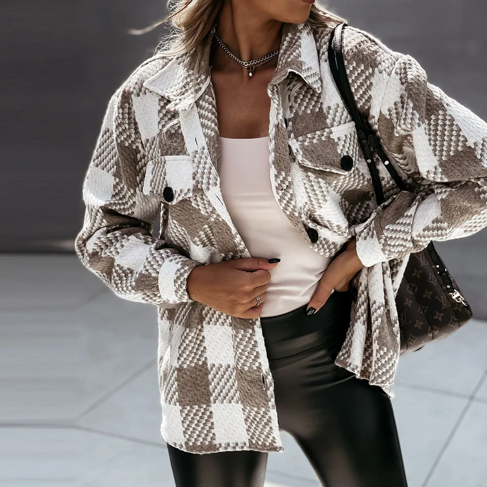

Women Autumn And Winter Jacket 2021 New Lapel Plaid Button Patchwork Pocket Long Sleeve Casual Office Lady Woolen Female Jackets