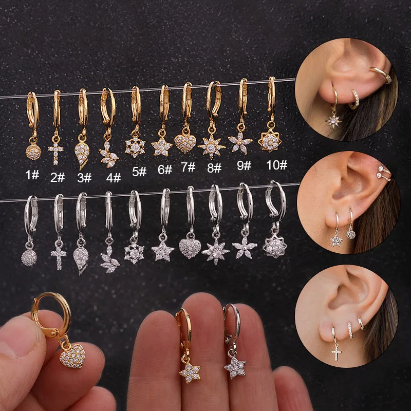 

1PCS Heart Cross Flower CZ Helix Tragus Earring Hoop Earrings Zircon Tragus Helix Piercing Jewellery
