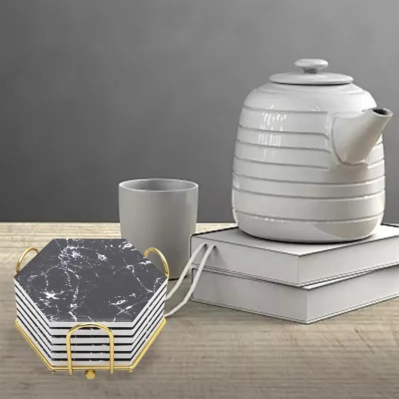 

Coasters with Gold Holder Set Absorbent Ceramic Coasters with Marble Design for Glasses Cups Mugs Bowls Home Decor