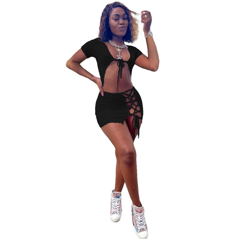 

Two Piece Set Women Skirt Summer Outfits Short Sleeve Crop Top Bandage Mini Dresses Beachwear Sexy Club Matching Sets
