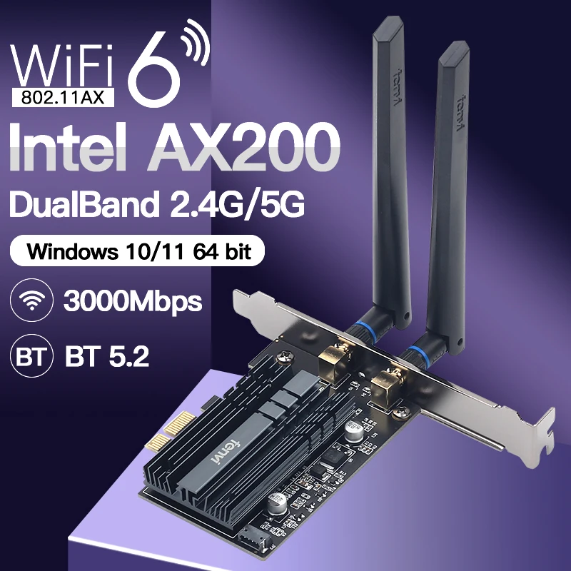 Intel Ax200 Banda Dupla 2.4g 5g Pcie Wifi Placa de Rede para Bluetooth 5.2 Ax210ngw 6g Wi-fi 6e Cartão para pc Win10 11 Fv-ax3000 Wifi6 Placas de rede