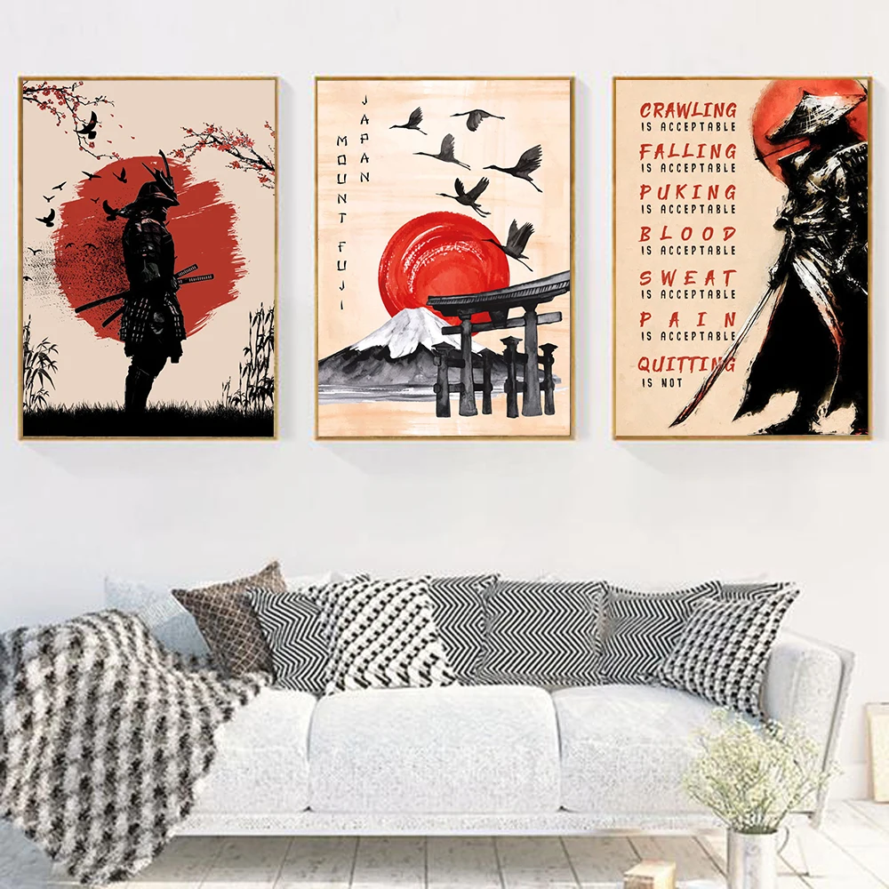 

Canvas Painting Nordic Mount Fuji Cranes Japanese Samurai In Moon Prints Wall Art Pictures Abstract For Living Room Home Decor