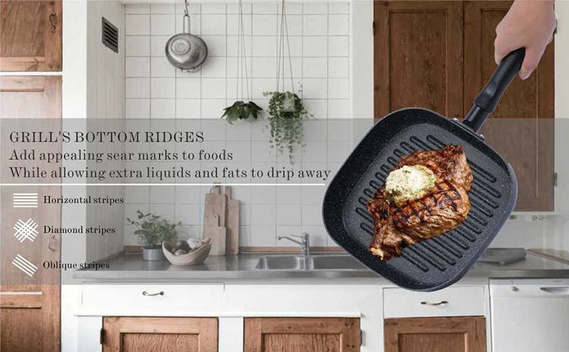 MyLifeUNIT Aluminum Non-stick Square Grill Pan Steak Fry Pans Multi-purpose Snowflake Striped No fumes Frying Pan 9-inch