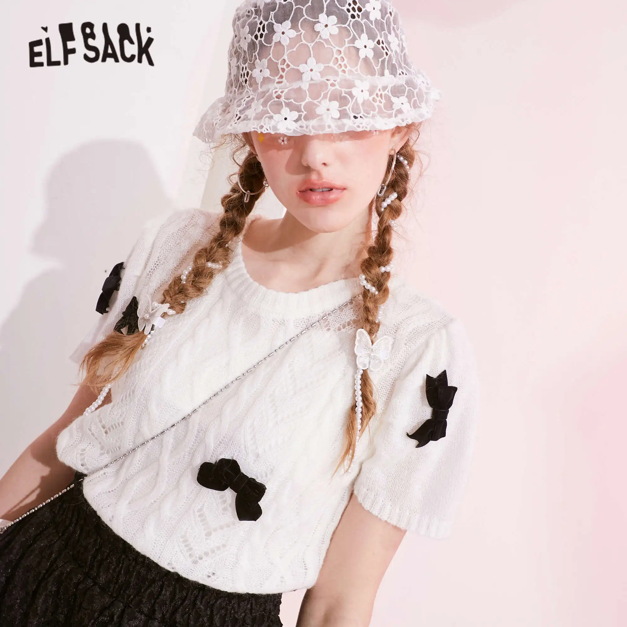 ELFSACK Solid Bows Applique Women Casual Knit Pullover Sweaters,2021 Summer Vintage Minimalist,Casual Girly Daily Sweet Top