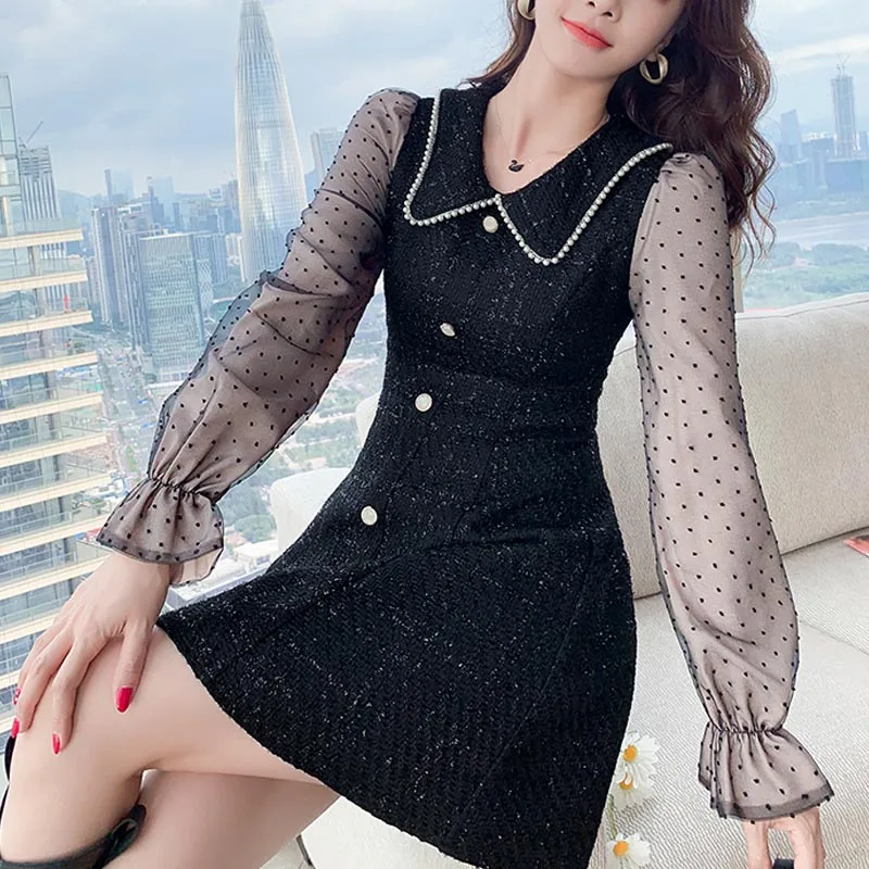 

One-Piece 2020 New Korean Style Spring Autumn Chic Dress French Temperament Peten Pan Collar Dresses Fashion Long Sleeve Dresses