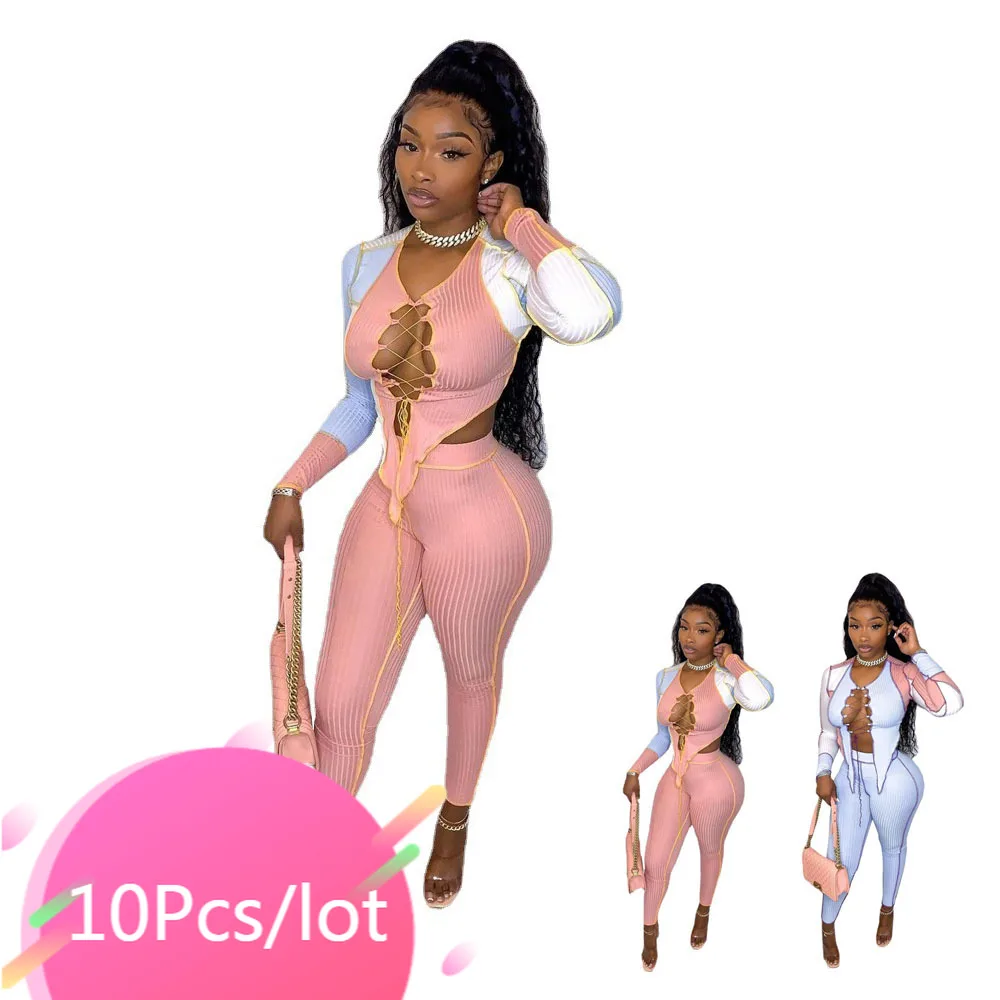 

Bulk Items Wholesale Lots Two Piece Pants Set Sexy Patchwork Women Sets Bandage Lace Up Crop Tops Skinny Legging Autumn Outfits