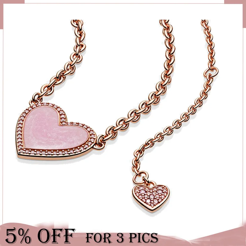 Ожерелье женское из серебра 2021 пробы с розовым сердцем и кристаллами | Украшения