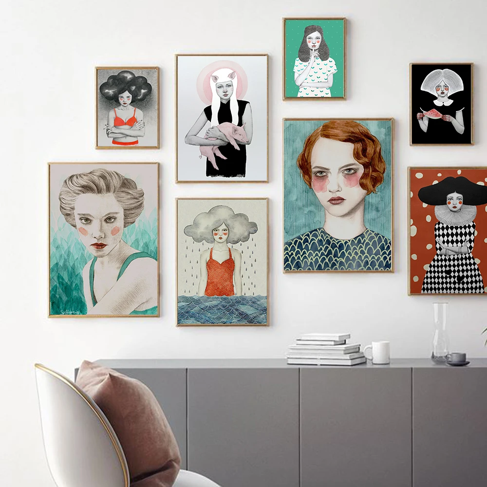 

Abstract Beautiful Woman Weather Hairstyle Canvas Painting Wall Nordic Posters and Prints Wall Pictures for Living Room Decor
