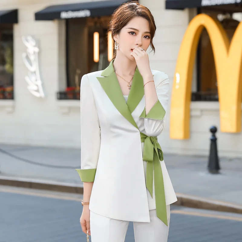 

IZICFLY New Fashion Styles Autumn White Woman Pant Suit With Bow Belt Korean Ladies Business Blazer and Trouser Two Piece Set