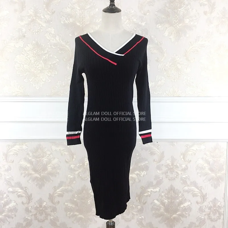 Autumn V-Neck Stitching Striped Knit Slim Solid Mini Bodycon Sexy Sweater Dress | Женская одежда