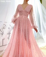 cute pink evening dress new a line beads illusion long fuff sleeves v neck floor length for prom dress %d0%b2%d0%b5%d1%87%d0%b5%d1%80%d0%bd%d0%b5%d0%b5 %d0%bf%d0%bb%d0%b0%d1%82%d1%8c%d0%b5 2020