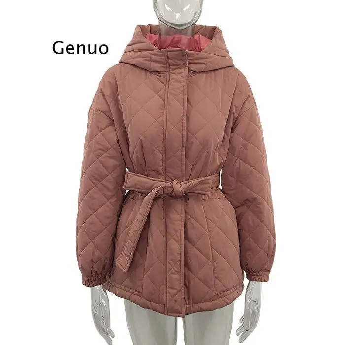 Casual Loose Arygle Hooded Parkas Women Fashion Solid Thick Short Coats Women Elegant Tie Belt Cotton Jackets Female Ladies