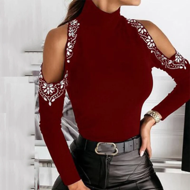 

Футболка женская облегающая с длинным рукавом и открытыми плечами