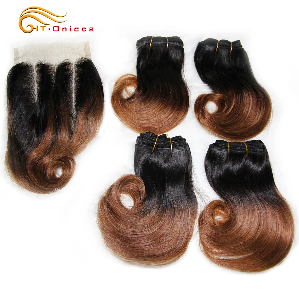 Short Curly Human Hair Weave Bundles Peruvian 8 inch Honey Blonde Bundles With Closure 1B 30 Burgundy Ombre Bundles With Closure