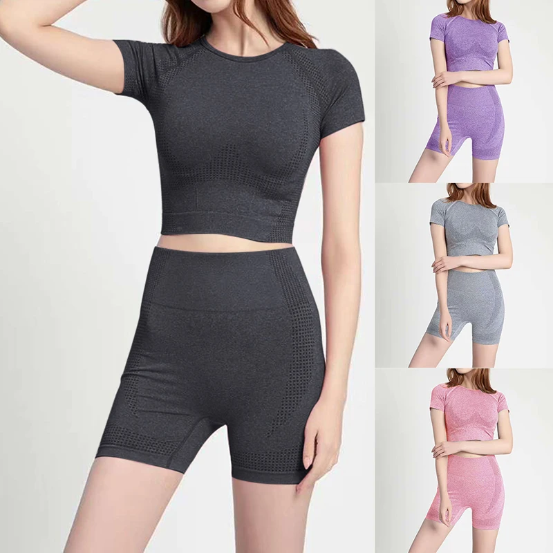 

Women Short Sleeve Yoga Set 2 Piece Seamless Sport Suit Gym Clothes Fitness Crop Top Shirt High Waist Shorts Sportswear