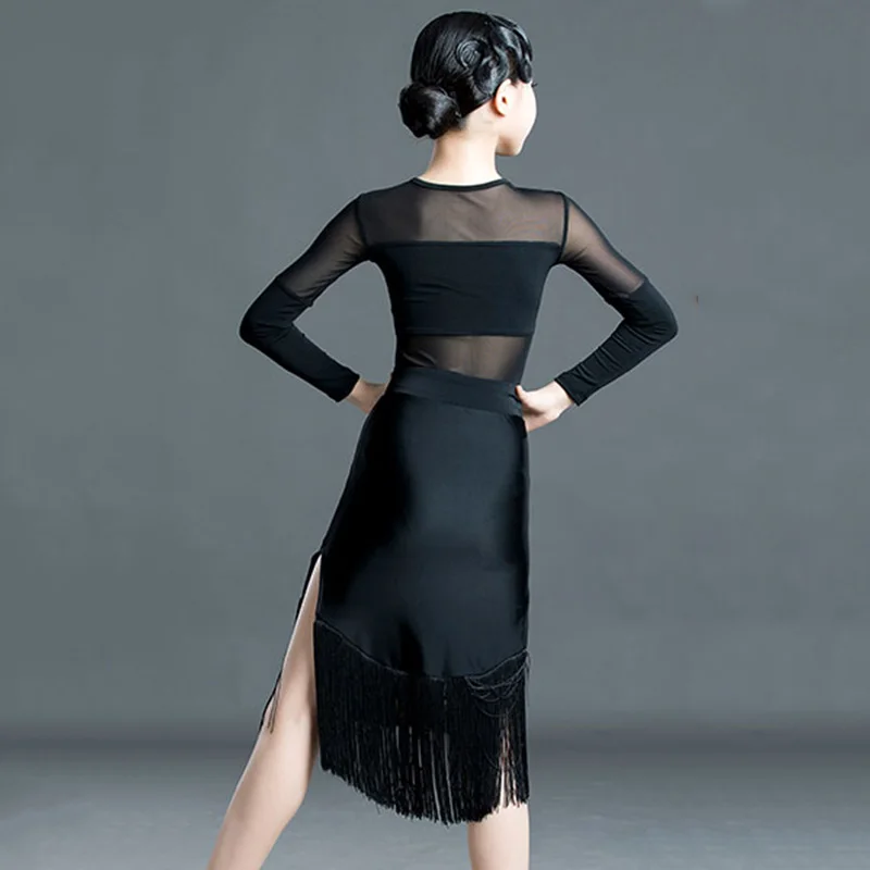 

Latin Dance Dress Girls Tango Rumba Cha Cha Samba Salsa Dancing Costumes Stretch Mesh Bodysuit Fringed Skirt Split Suit DN6149