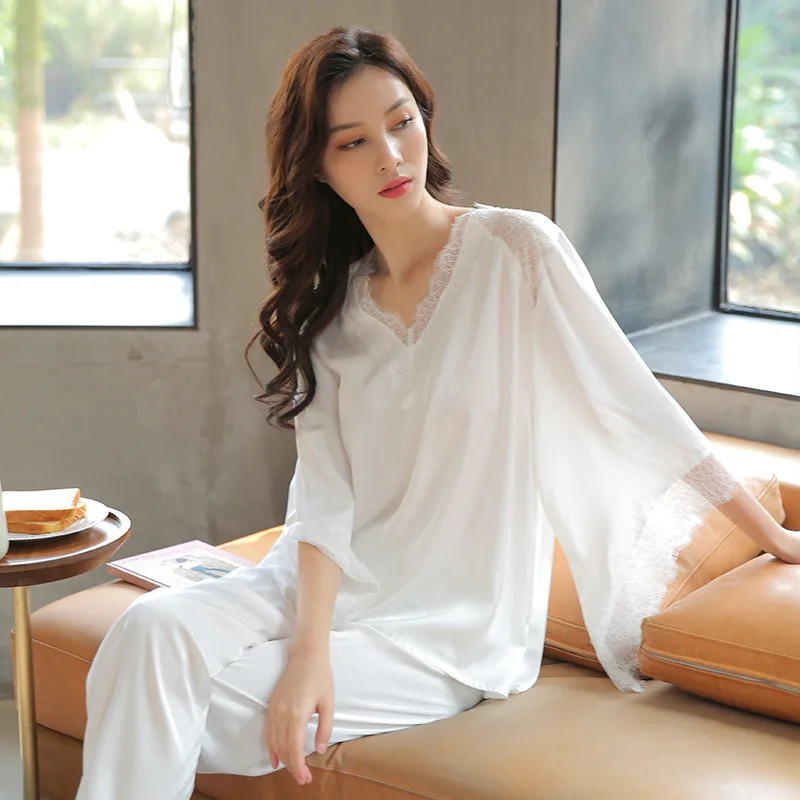 

Spring Summer Women Lace V-Neck Long Sleeve Pants Pyjamas Homewear Sleepwear 2 Pieces Female Pajamas Set