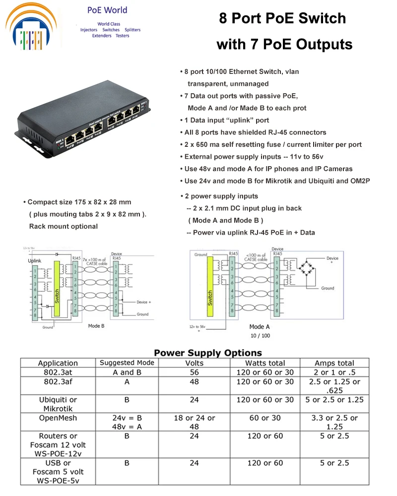 Бесплатная доставка POES-8-7 Пассивный PoE коммутатор 7 POE Порты и разъёмы 24V 48V режим с