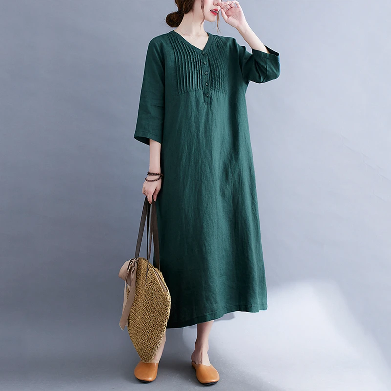 

Korean Fashion Button Cotton Linen Chic Orange Summer Dresses For Women 2021 Casual Office Loose Long Femme Dress Elegant Clothe