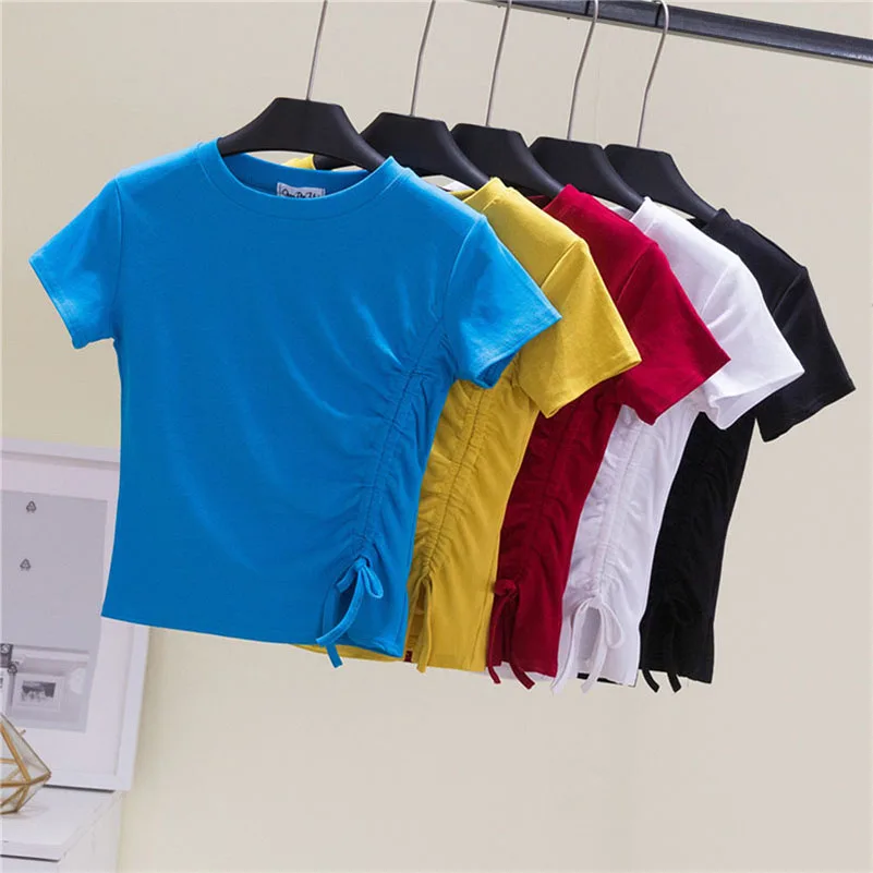 

6 Color Cotton T Shirt Women Summer Sexy T Shirt Round Neck Short Sleeve Folds T-shirt Tops Ladies Shirt Fashion Women Tshirt