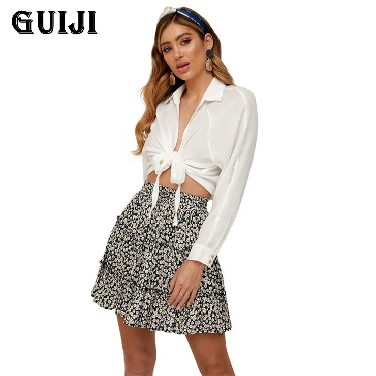 

Женская мини-юбка в стиле бохо, плиссированная летняя юбка с цветочным принтом, с завышенной талией и оборками, 2021