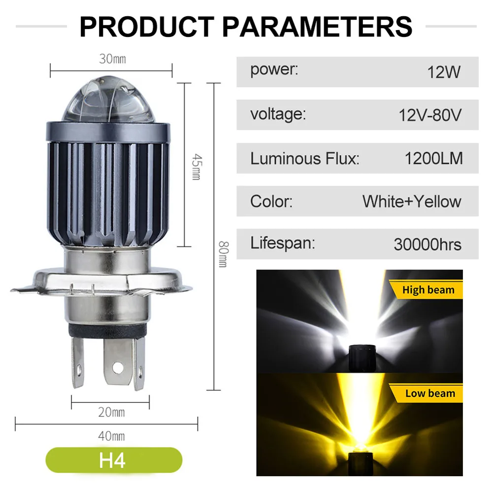 

1200lm H4 Led Moto Led Motorcycle Headlight Bulbs Csp Lens White Yellow Hi Lo Lamp Scooter Accessories Fog Lights 12v 30w