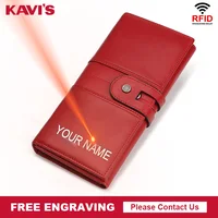 KAVIS Rfid Genuine Leather Women Wallet Long Purse Female Coin Purse Portomonee Clamp For Money Bag Handy Perse Free Engraving