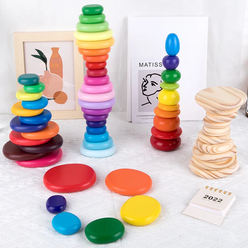 

Wooden Rainbow Colored Stone Building Block Montessori Sensory Toy Educational Cobblestone Stacking Game Children Gift J1944H