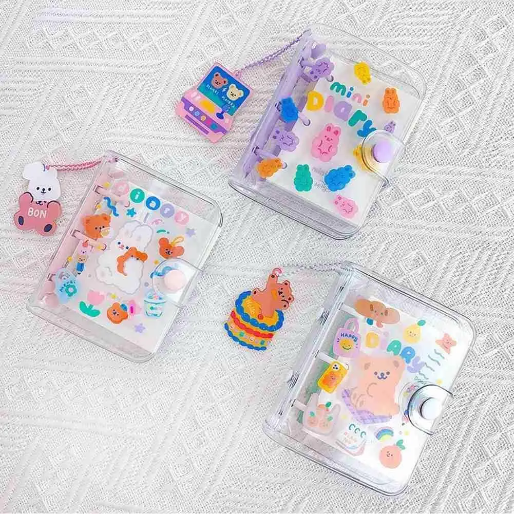 

90 Sheets Cute Cartoon Mini 3 Ring Notebook Loose-leaf Portable Transparent Book Student Hand Notebook Writing Stationery O2a3