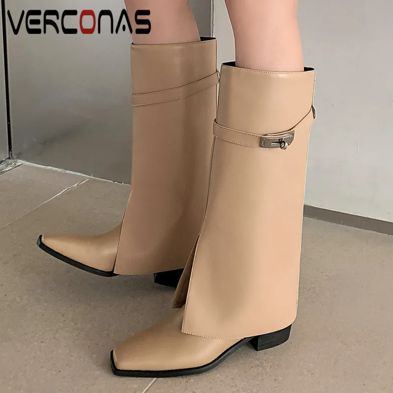 

VERCONAS New Arrival Woman Knee High Boots Autumn Winter Warm Cow Leather Party Basic Office Prom Retro Elegant Shoes Woman