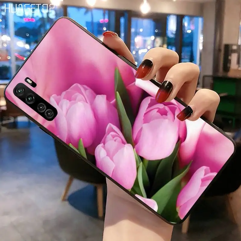 HUAGETOP тюльпаны цветок пружина силиконовый черный чехол для телефона Huawei P40 P30 P20 lite