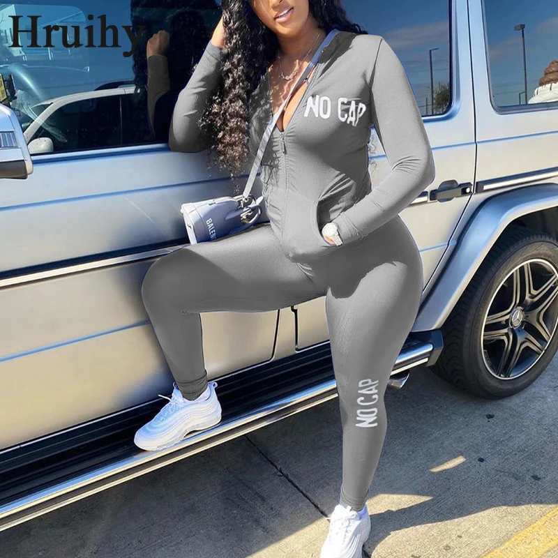 

Clothes for Women Long Sleeve Hoodied Sweatshirt&long Pant Letter Print 2 Piece Set Women Solid Color Pocket Zipper Dropshipping