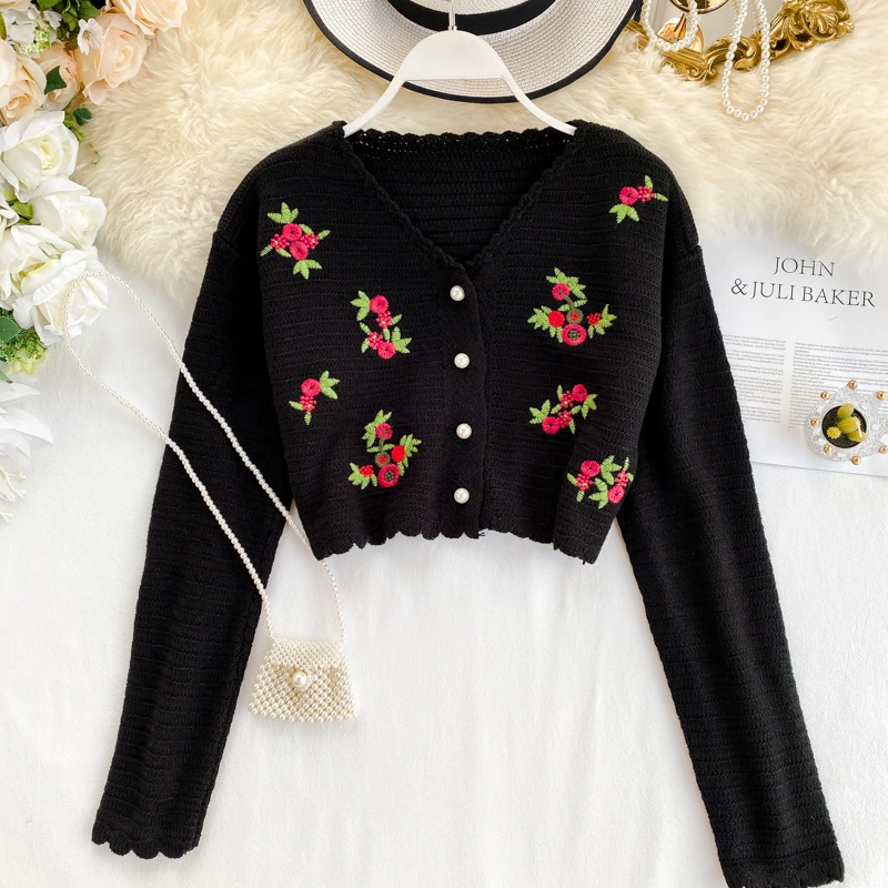 FTLZZ Women Floral Embroidery Short Coat Autumn V Neck Sweater Button Casual Jacket Female Cardigans Warm Knitted Thin Tops |