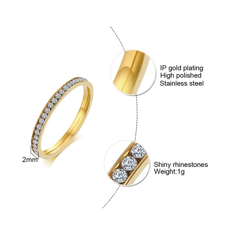 Vnox 2mm Bling CZ Stones Ring for Women Lady Gold Tone Stainless Steel Shinny Crystal Finger Band Elegant Jewelry